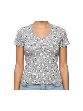 TOP Gray Snoopy Patterned Short Sleeve V-Neck T-Shirt SIZE XS
